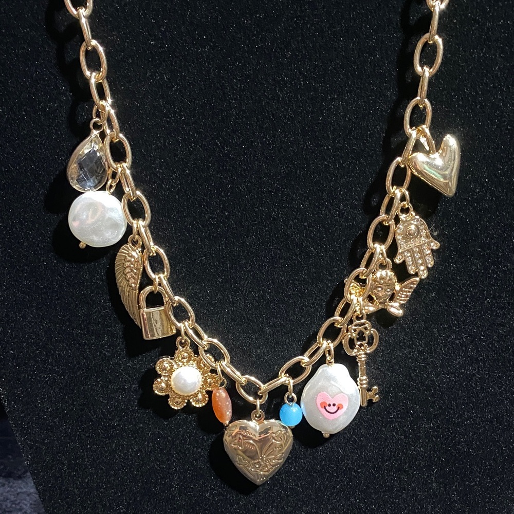 Gold Charm Necklace with Heart and Pearl Accents